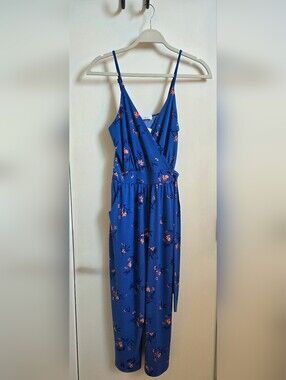 New Kaileigh Rica Crop Jumpsuit Cobalt Blue Floral Wrap Size XS